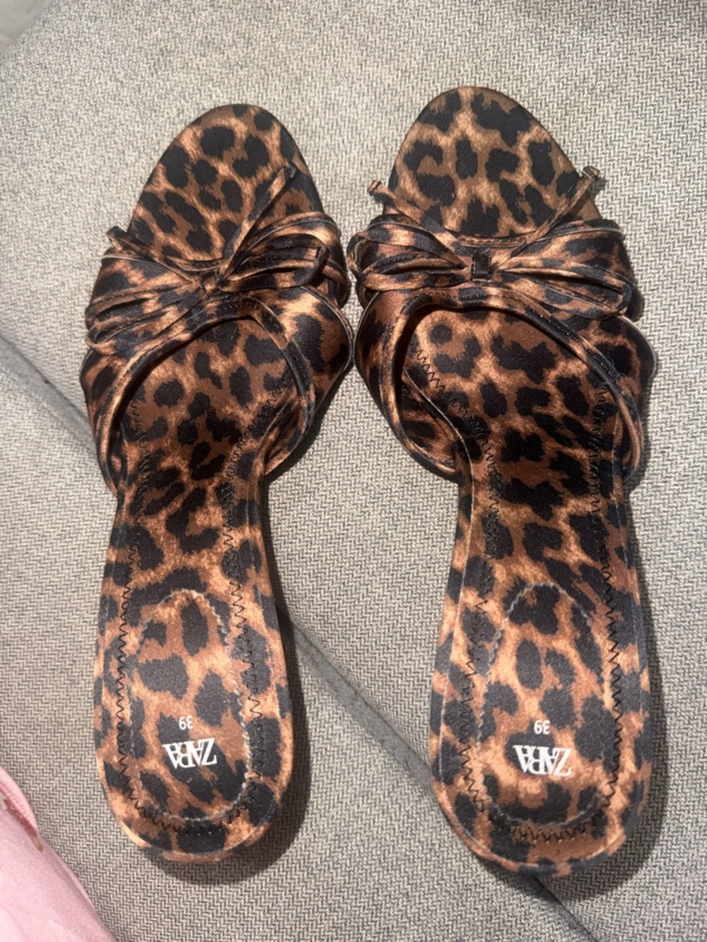 ZARA Leopard Print Satin Knot Slide Sandals - Brown/Black